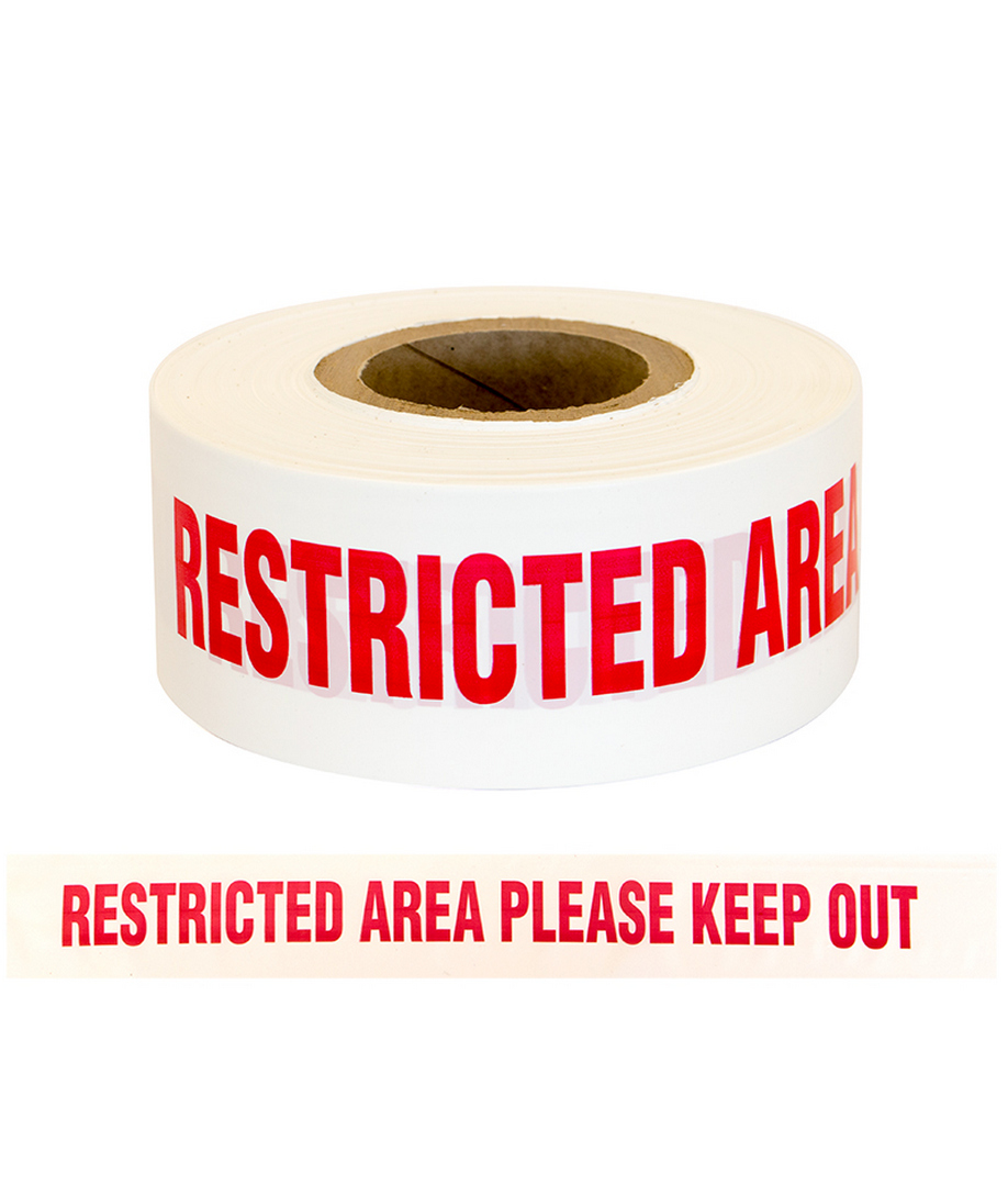 Barrier Warning Tape "RESTRICTED AREA PLEASE KEEP OUT" Red/White